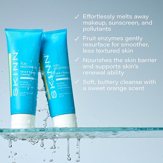SKINN Daily Evening Face Wash, Multi-Action Cream, Olive & Enzyme Cleanser, 4oz - Facial Cream for Removing Makeup, Impurities & Dead Skin Cells