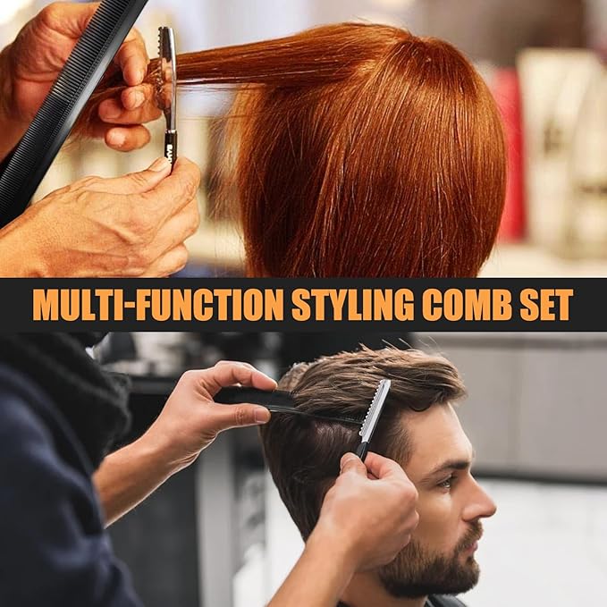 Professional Hair Comb Set 6-Piece – Barber & Salon Hair Cutting and Styling Combs Kit – Fine & Wide Tooth, Rat Tail & Sectioning Hairdressing Combs for All Hair Types