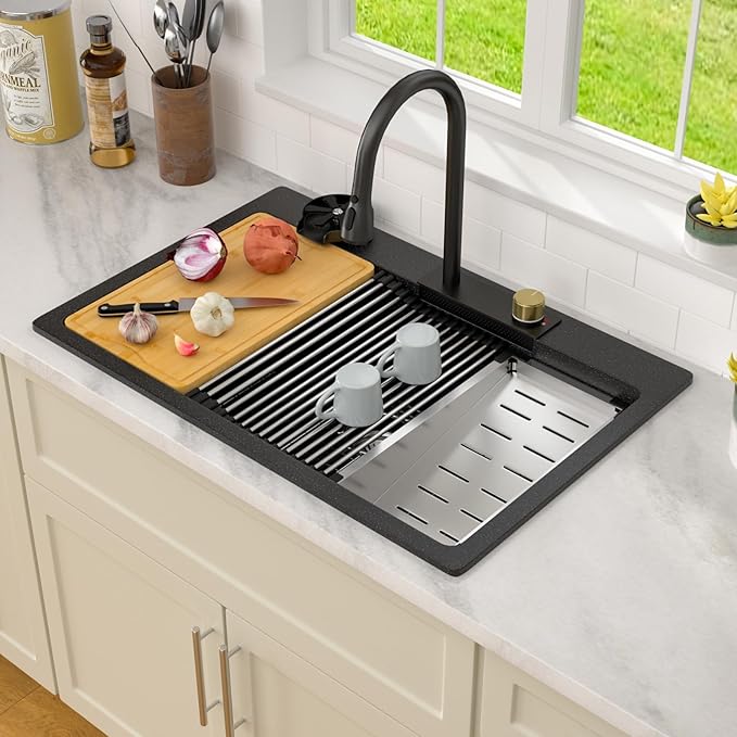Dcolora Waterfall Smart Kitchen Sink 33x22 Drop In Single Bowl Multifunctional - Image 2