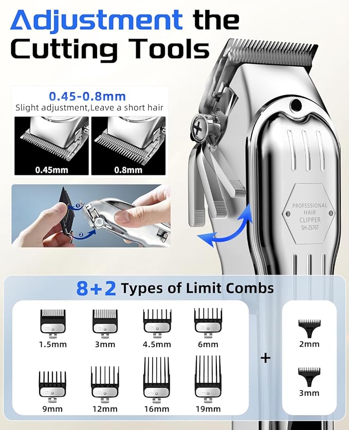 KIKIDO Hair Clippers Professional Cordless for Men, Barber Clippers for Hair Cutting Kit, Wireless LCD Display Hair Trimmers Set, Rechargeable Haircut Machine for Family (Sliver)