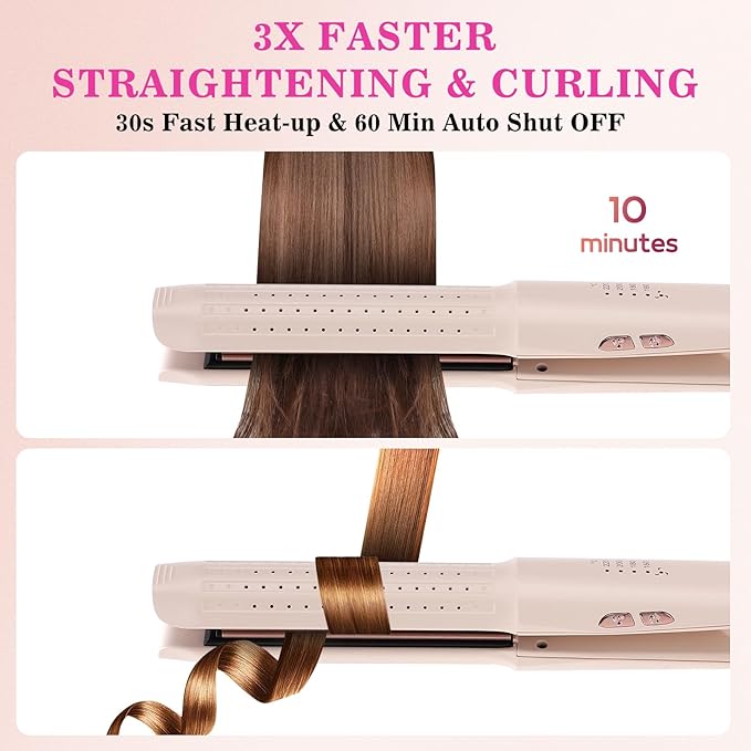 Hair Straightener and Curler, Dual Voltage Curling Iron, Airflow Multi Styler for Straight/Curly/Waves, Negative Ion Hair Care, No Heat Damage Hair Curler