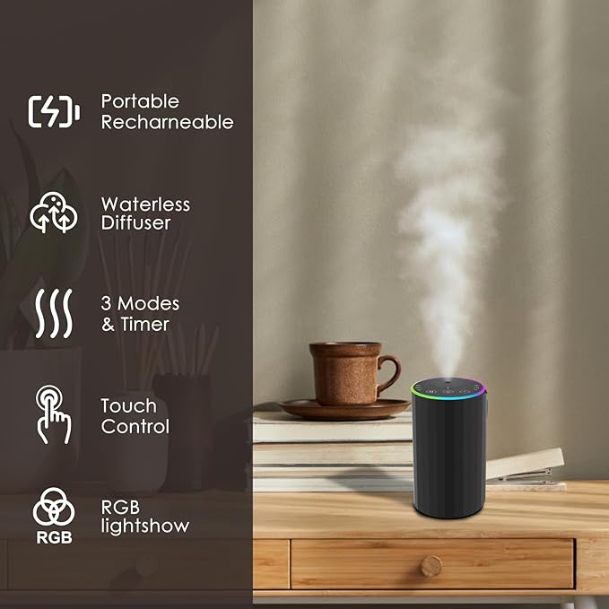 Waterless Essential Oil Diffuser, 7 Colors LED Light, Battery Powered Mini Scent Air Machine, Aromatherapy Mist Diffuser for Home Room Car Office，Black Aluminum Alloy