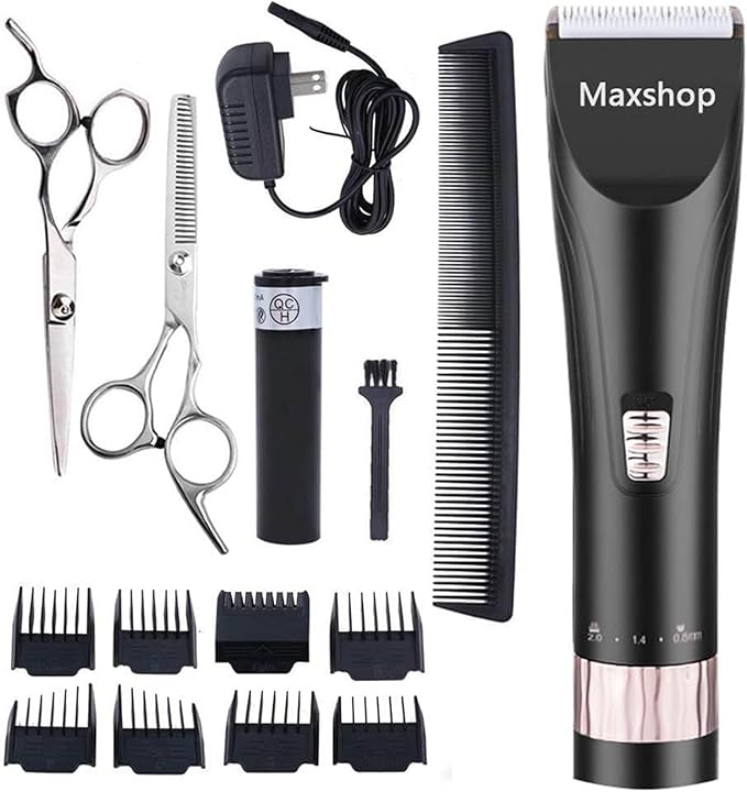 Maxshop Professional Hair Clippers for Men and Babies Quiet Clippers Cordless Haircut kit with Charging Dock, 8 Comb Guides, 2 Scissors,1 Hair Comb Self Hair Cutting System (Black)