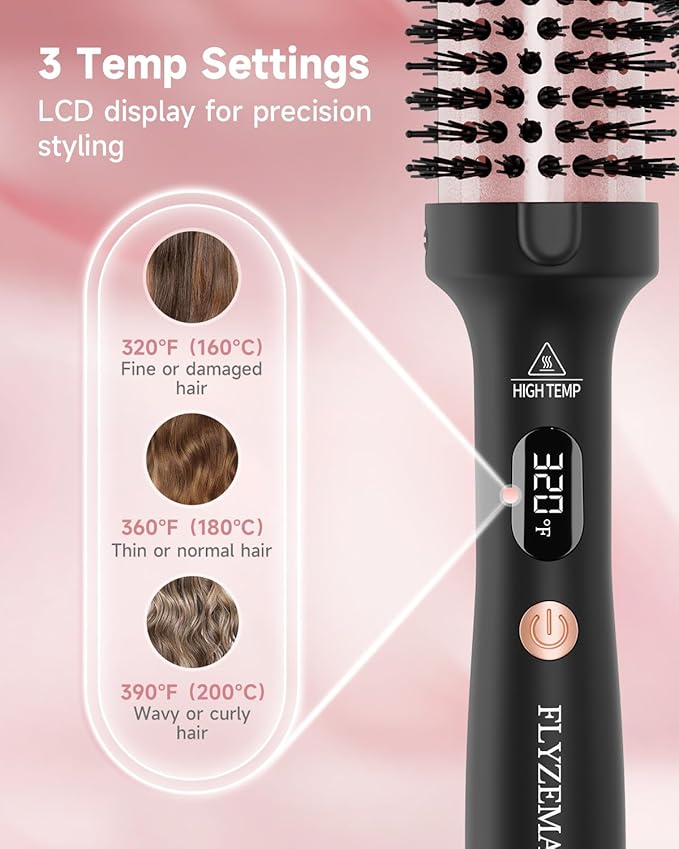 Thermal Brush, FLYZEMAA 1.5 Inch Curling Iron for Long Dry Hair, Heated Round Brush Straightener with 3 Temp Settings, 30s Fast Heat for Curling & Volumizing, Anti-Scald Nylon Bristles(Black)