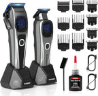 SUPRENT Professional Hair Clippers for Men - Barber Clippers & Zero-gapped Trimmer Combo with Charging Stand, Up to 10000 RPM Max Motor Speed, Blue Titanium-Coated Blades (Gray)