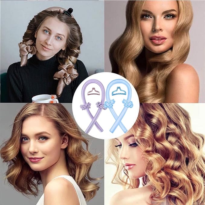 GADZHI Heatless Curling Headband Hair Roller Set for Long Hair No Heat Silk Hair Wrap Curler Ribbon for Overnight Sleep Hair Roller with Hair Claw Clip DIY Hair Styling Tools (2 set - purple+blue)