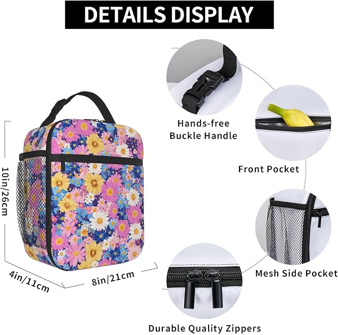 Floral Insulated Lunch Box for Women Men Floral Lunch Bag for Travel, or - Image 6