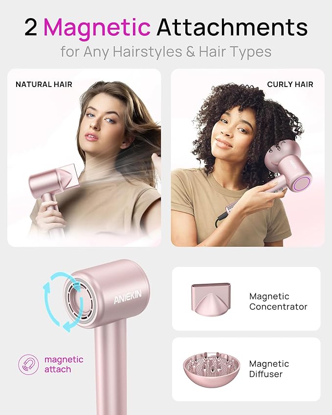 Hair Dryer, High-Speed Ionic Low Noise Blow Dryer with Brushless Motor for Fast Drying, Thermo-Control Quiet Compact Hair Blow Dryer with Magnetic Diffuser for Curly Hair for Home Travel Salon