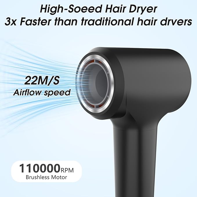 KARFUN Hair Dryer, 110000 RPM High-Speed Brushless Motor Fast Drying Blow Dryer, 57dB Low Noise Hair Dryer for Home or Travel, 3 Temps & 2 Speeds (Black)