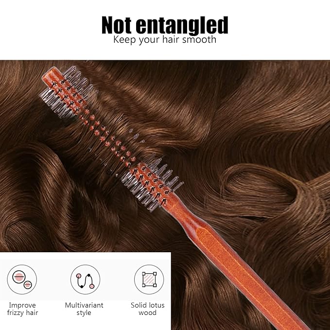 Round Styling Hair Brush for Women Men, Small Curling Roller Hairbrush with Wooden Handle, Static Free Detangling Brush for Blow Drying Curling Straightening, Practical Styling Tool for Hairdresser