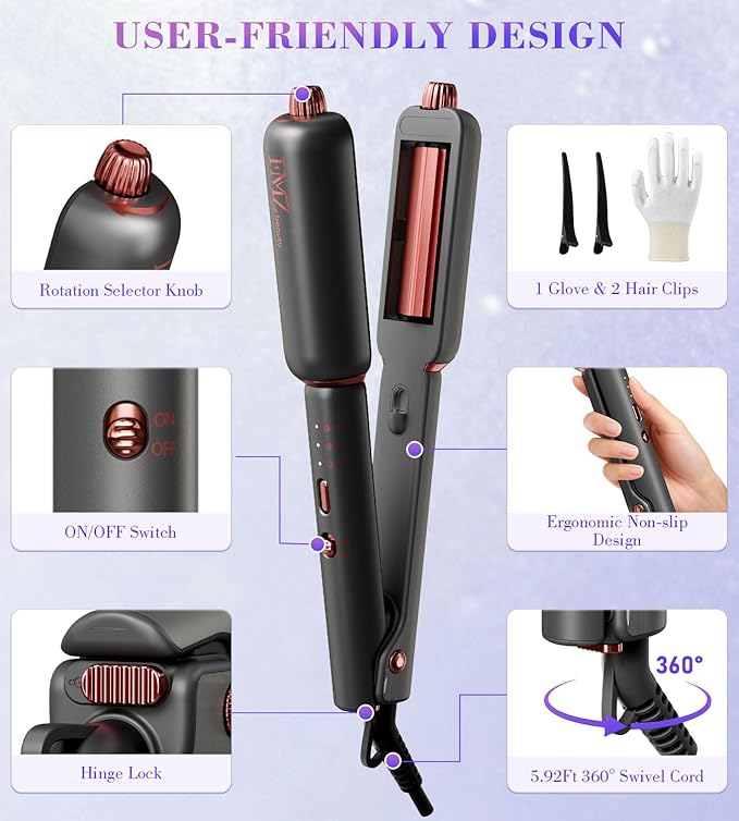 FMZ Flat Iron Hair Straightener Curler and Crimper, Professional 4 in 1 Hair Styling Irons for Straightening, Crimping, Curling, Dual Voltage, Auto Shut-Off, Small and Portable for Women Travel Home