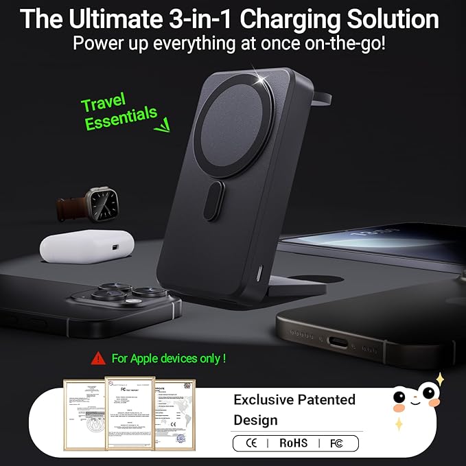 3-in-1 Portable Charger, 10000mAh Foldable Power Bank Fast Charging, MagSafe - Image 2