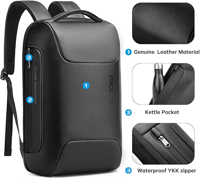 BANGE Black Genuine Leather Laptop Backpack - Image 7