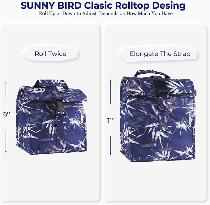 SUNNY BIRD Insulated Lunch Bag Rolltop Lunch Box Tote Bag - Image 3