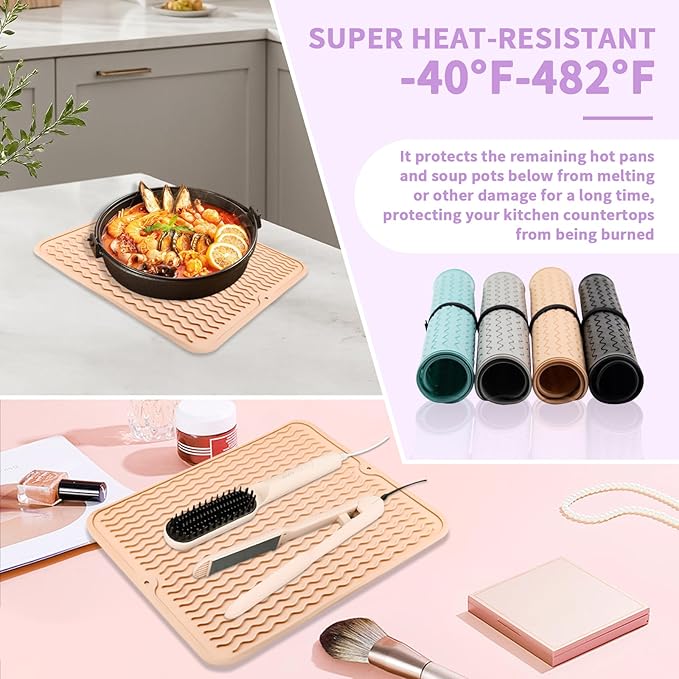 Oversize Silicone Heat Resistant Mat, Heat Mat with for Curling Iron, Travel Cover Cushion for Curling Irons, Hair Bands and Styling Tools(15.7" X 11.8") (Pink)