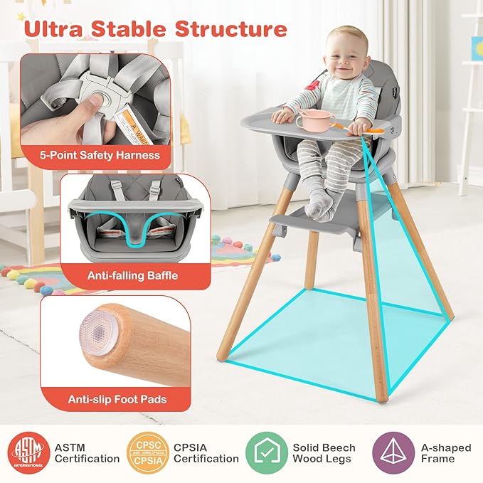 HONEY JOY Baby High Chair, 6 in 1 Convertible Wooden Highchair - Image 5
