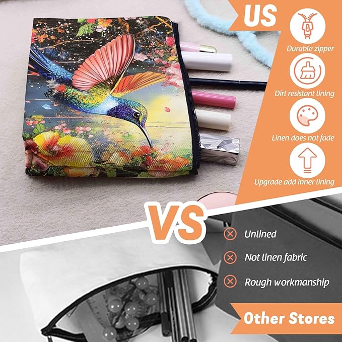 Cosmetic Bags Travel Makeup Toilet Case Waterproof Pouch for Women Girls 6.7X9.45inches - Colorful Hummingbird in A Floral Flight