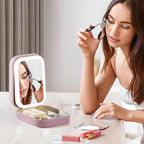 LiveGo 3-Color LED Travel Jewelry Case and Makeup Bag with Mirror, Dust-Proof Jewelry Box, 10 Sealed Jewelry Bags - Compact Cosmetic Mirror Case for Women Girls Travel Essentials (Pink)
