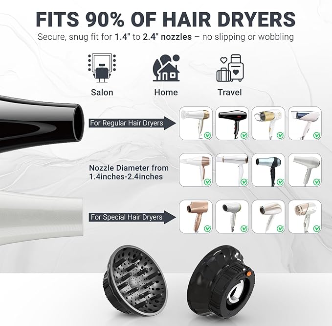 Universal Hair Diffuser for Blow Dryer - Fits All 1.4-2.4 inch Dryers, Professional Ionic Diffuser Attachment for Curly/Wavy Hair, Reduces Frizz & Enhance Curls, Lightweight, Travel-Friendly (white)