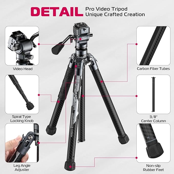 ULANZI F38 Video Travel Tripod, 61.4" Lightweight Carbon Fiber Camera Tripod - Image 5