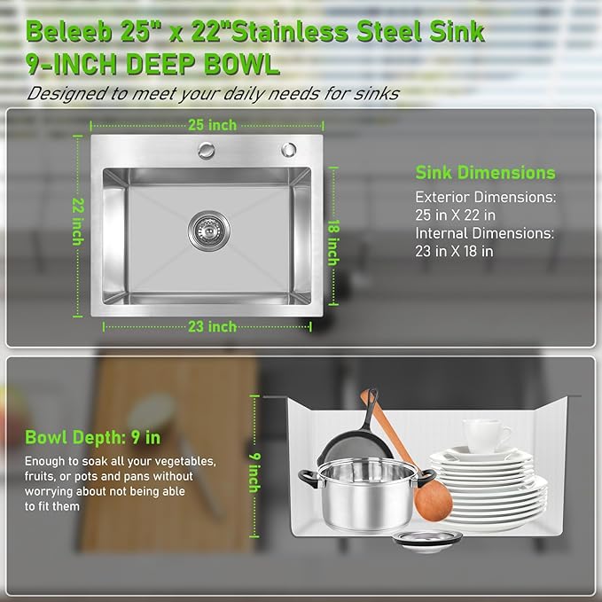 Drop In Kitchen Sink 25x22", 18 Gauge Stainless Steel Sink, 3D Embossed Surface - Image 5