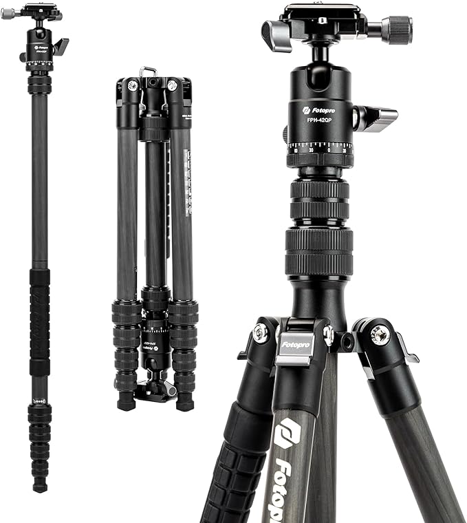 Fotopro 59" Carbon Fiber Travel Tripod, Lightweight Compact Camera Tripod by Fotopro