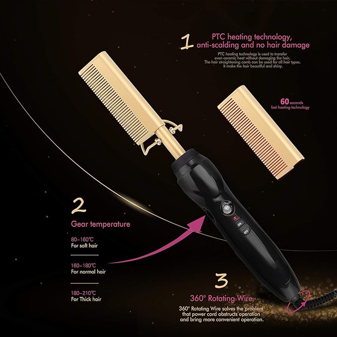 Electric Hot Comb Hair Straightening Heat Pressing Comb Ceramic Curling Flat Iron Curlers Designed Hair Hot Comb Straightener,Portable Travel Anti-Scald Beard Straightener Press Comb