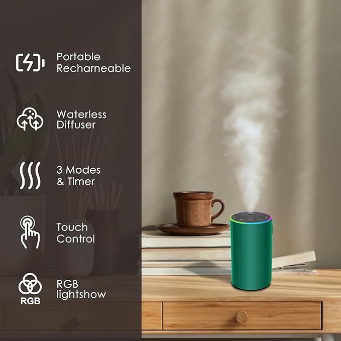 Waterless Essential Oil Diffuser, Battery Powered Mini Scent Air Machine, Aromatherapy Mist Diffuser for Home Room Car Office (Green)
