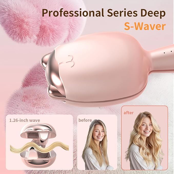 Crimper Hair Tool, Beach Waves Curling Wand,Ionic Hair Waver with 1.26 Inch Double Barrel for Women，Easy to Use，Four-Speed Adjustment and Automatic Power-Off,Pink
