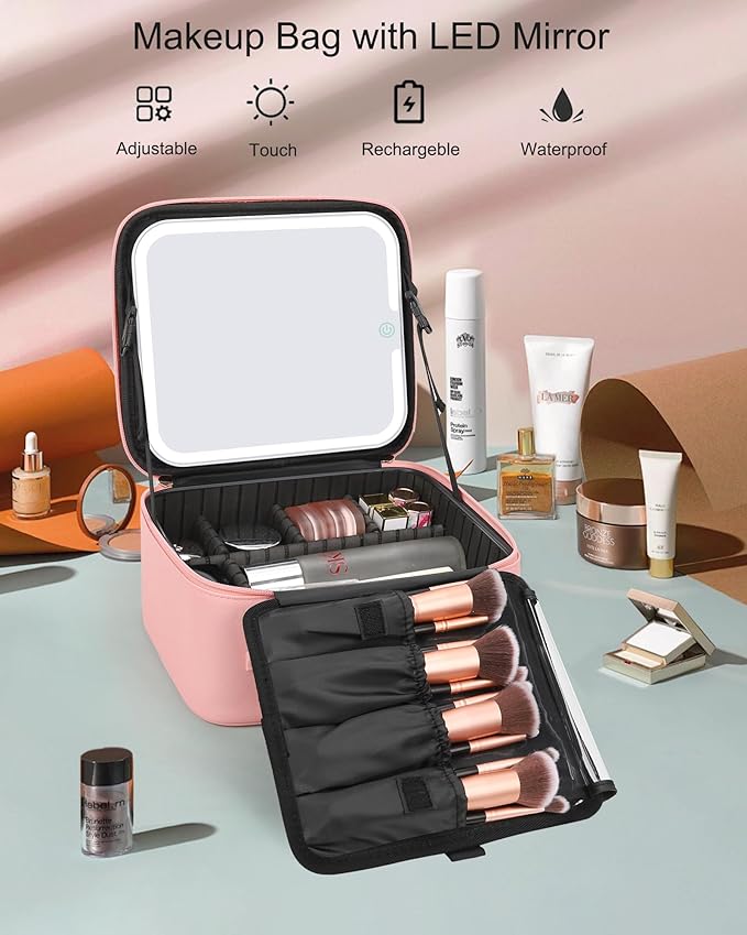 Relavel Makeup Bag with Light Up Mirror, Makeup Case Travel Cosmetic Bags Brush - Image 2