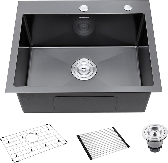 Black Kitchen Sink Drop-In 22 x 18 inch, SINKVINE PVD Nano Stainless Steel Bar by SINKVINE