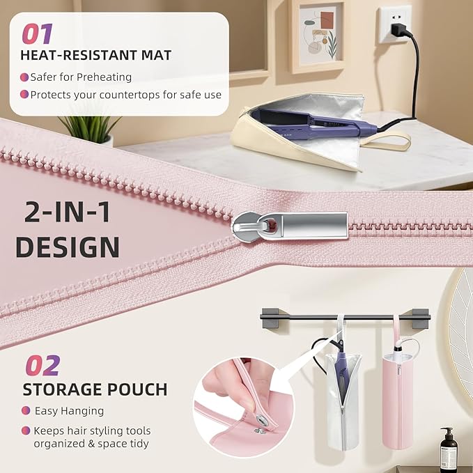 2-in-1 Heat Resistant Mat & Bag for Hair Styling Tools, Hanging Curling Iron Holder Flat Iron Holder with Zip, Portable Hot Hair Tools Travel Bag, Hair Straightener Mat Pouch for Countertop