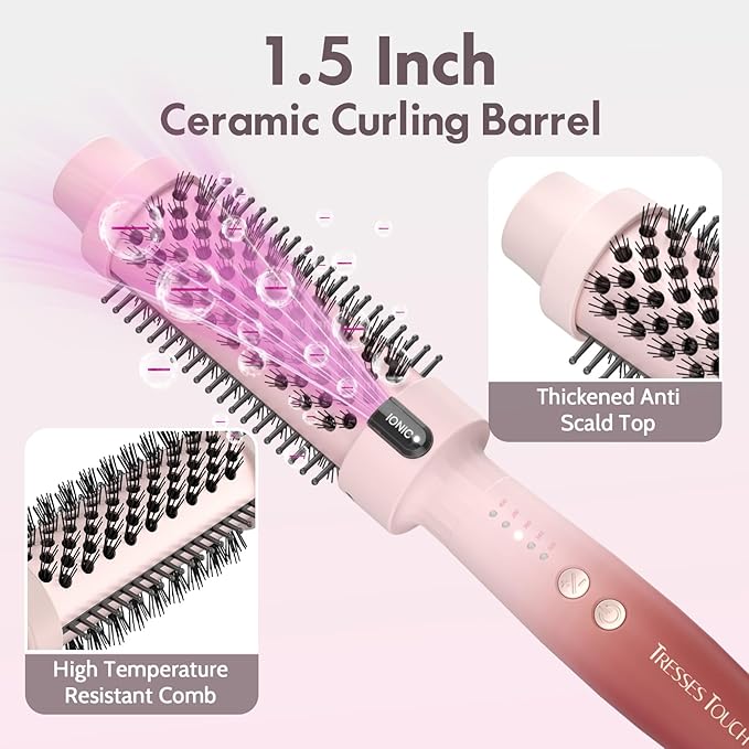 Thermal Brush, Blowout Long Lasting Look Curling Brush, 30s Fast Heated Round Brushes 1.5" Makes Hair Smoother Get Natural Curls, 5 Temp Settings, Universal Voltage for Travel, Easy to Use, Pink Red