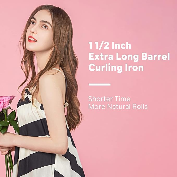 1.5 Inch Extra Large Curling Wand for Long Hair - Ceramic Tourmaline Barrel with 40000000 Negative Ions, 2 Clips & Heat-Resistant Glove