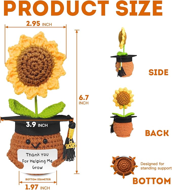Teacher Appreciation Gifts, Handmade Crochet Sunflower Teacher Gifts, Thank You for Helping Me Grow, Daycare Teacher Appreciation Gifts for Women Men, End of Year Graduation Teacher Gifts (2)