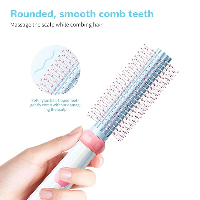 Round Hair Brush, Detangling Fluffy Scalp Brush with Ergonomic Big Handle, Plastic Lightweight Macron Styling Color Comb for Faster Blow Drying and Volume for Long,Thick, Curly Hair Women/Girls/Kids