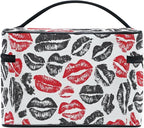 Makeup Train Case Valentines Lips Mouth Pattern Carrying Portable Zip Travel Cosmetic Brush Bag Organizer Large for Women