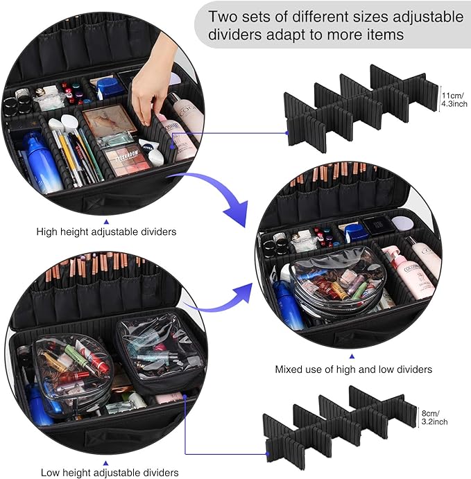 Relavel Extra Large Makeup Case Travel Makeup Train Case Professional Makeup Artist Bag Portable Nail Organizer Box Art Supply Case with Adjustable Dividers/Attach to Trolley/Shoulder Strap (Black)