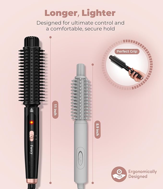 Farery 1.5 Inch Thermal Brush, Curling Iron for Smooth Bouncy Curls – Anti-Scald Hard Bristles, Lightweight, One-Button Start, Dual Voltage Travel Hair Tool with 360° Swivel Cord, 410°F Fast Heat