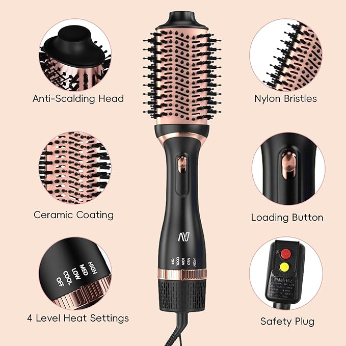 Hair Dryer Brush Set, Multifunctional Hot Air Brush for Salon Blowouts, Negative Ion Technology & Quick Drying, Shiny and Less Frizz, Blush Gold