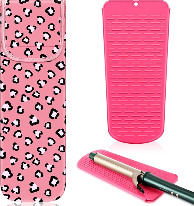 Shappy 2 Pcs Curling Iron Travel Case Cover Heat Resistant Flat Iron Holder Case Sleeve Neoprene Straightener Holder and Silicone Hot Hair Tools Mat Bag(Leopard Style)