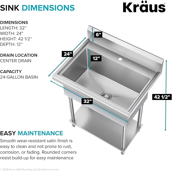 KRAUS Standart Pro 32 Inch 18-Gauge Stainless Steel Scullery Sink, 24 Gallon - Image 5