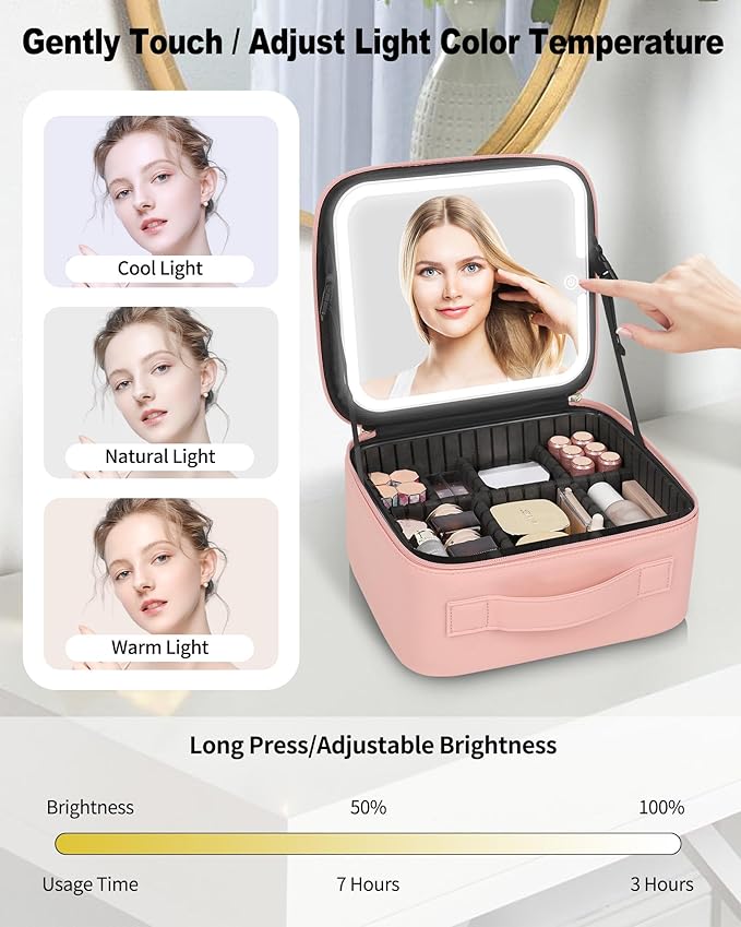 Makeup Bag With LED Mirror, Travel Makeup Case with Light up Mirror Large - Image 3