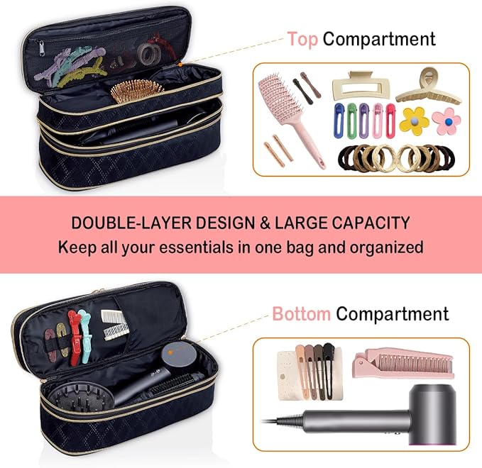 Hair Dryer Travel Carrying Case, Curling Iron Storage Bag, Slim Expandable Handheld Dual-Layer Travel Storage Bag for Dryer/Hair Tool Organizer/Style Organizer