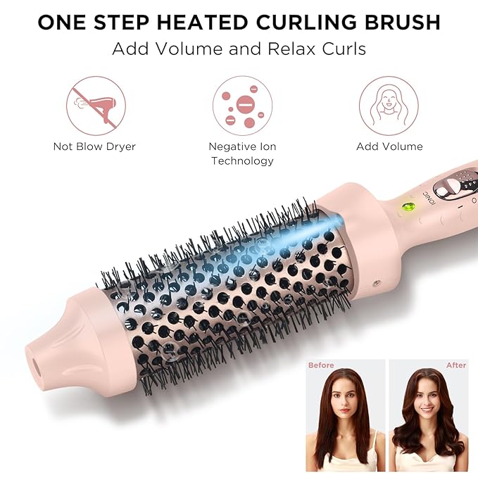 Aima Beauty Hair Curling Iron Brush, 1.5" 40mm Ceramic Hot Brush with Ion Technology for Root Volume and Quick Curls - Dual Voltage & 60Mins Auto-Off, Pink