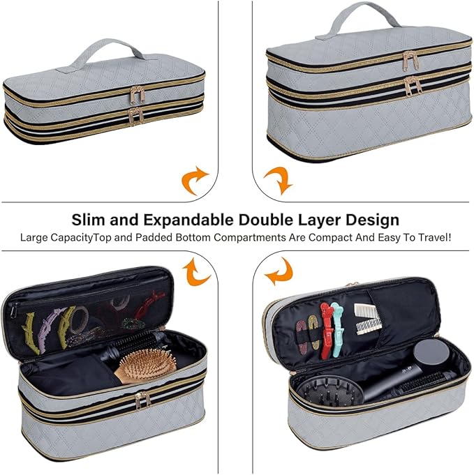 Hair Dryer Travel Carrying Case, Curling Iron Storage Bag, Slim Expandable Handheld Dual-Layer Travel Storage Bag for Dryer/Hair Tool Organizer/Style Organizer