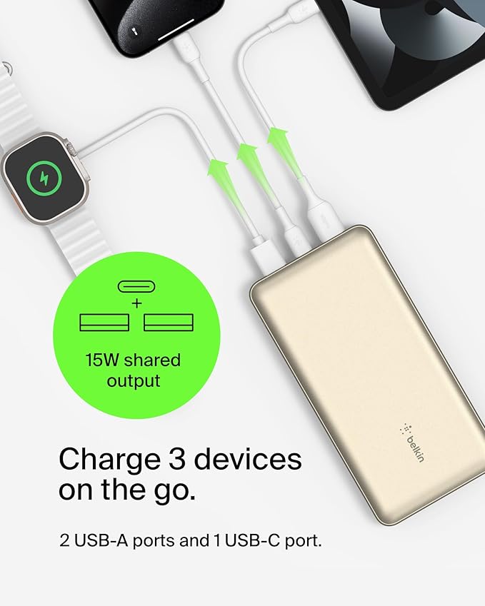 Belkin Portable Charger, USB-C Power Bank 20000 mAh w/ 2xUSB-A Ports, 15W - Image 5