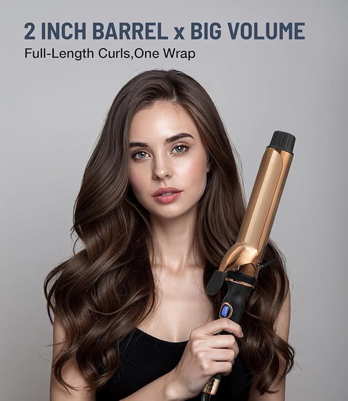 Titanium 2 Inch Curling Iron，Extra-Long Barrel for Long Hair, Curling Iron 2 Inch with Dual PTC Heater, 12 Heat Settings Big Barrel Curling Irons, 60 Mins Auto-Off & Dual Voltage