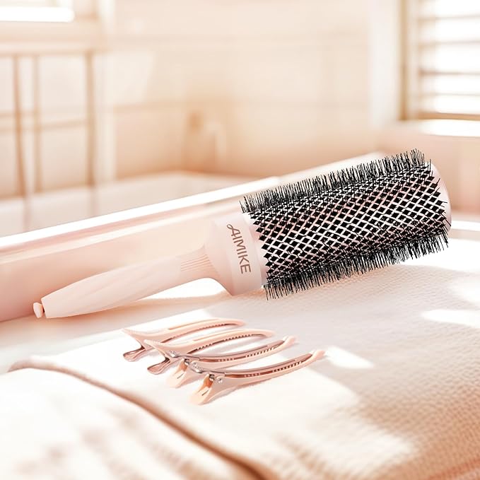 AIMIKE Round Brush for Blow out, Rose Luxe Extra-Long Round Hair Brush Ionic & Nano Thermal Ceramic Tech, for Blow Drying & Styling Volumizing Thick Long Hair, with 4 Clips (Barrel 2.1", Bristle 3")