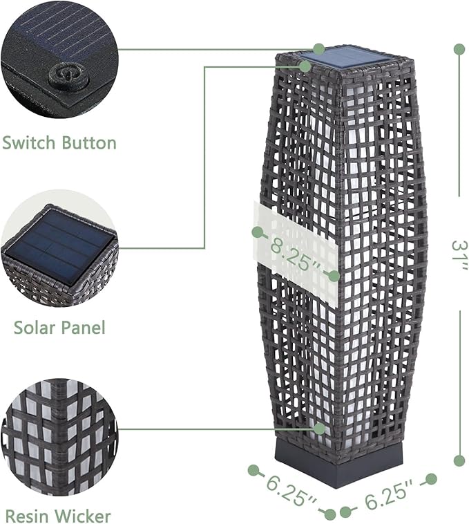 Grand patio Outdoor Floor Lamp Solar Powered Lantern Water-Resistant Wicker - Image 10